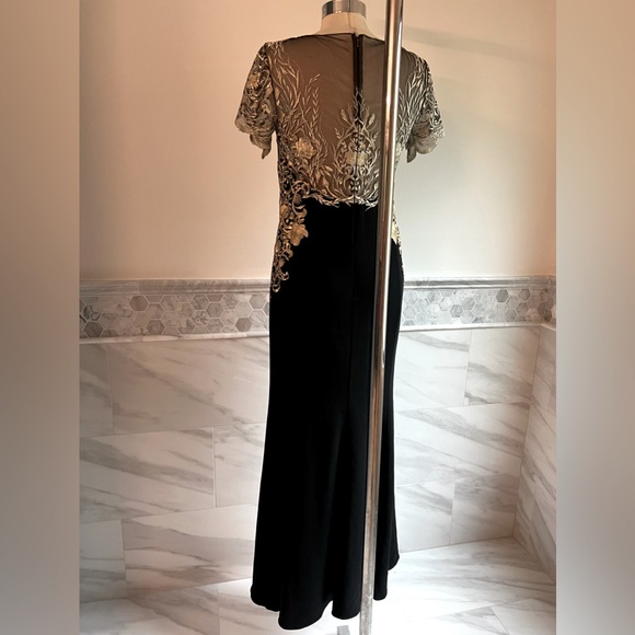 Marchesa Notte Mermaid Black Stretch Crepe and Gold Lace Embroidered Ball Gown 8 - Picture 7 of 16